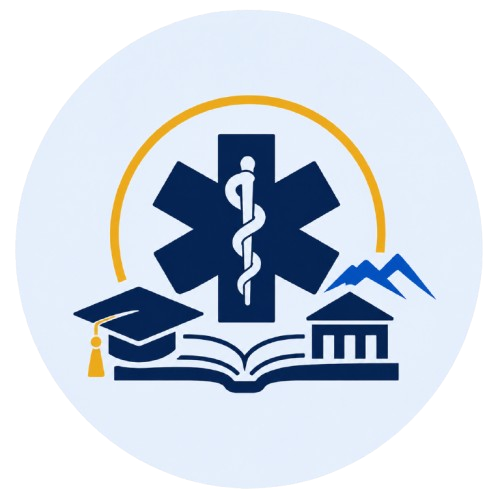 Medical emblem featuring a star of life with a snake and staff, a graduation cap, an open book, and mountain peaks.