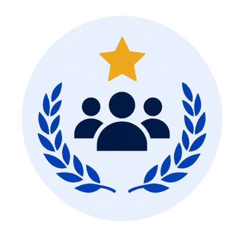 Icon of a group of three people with a gold star above them, surrounded by blue laurel branches, on a white circular background.
