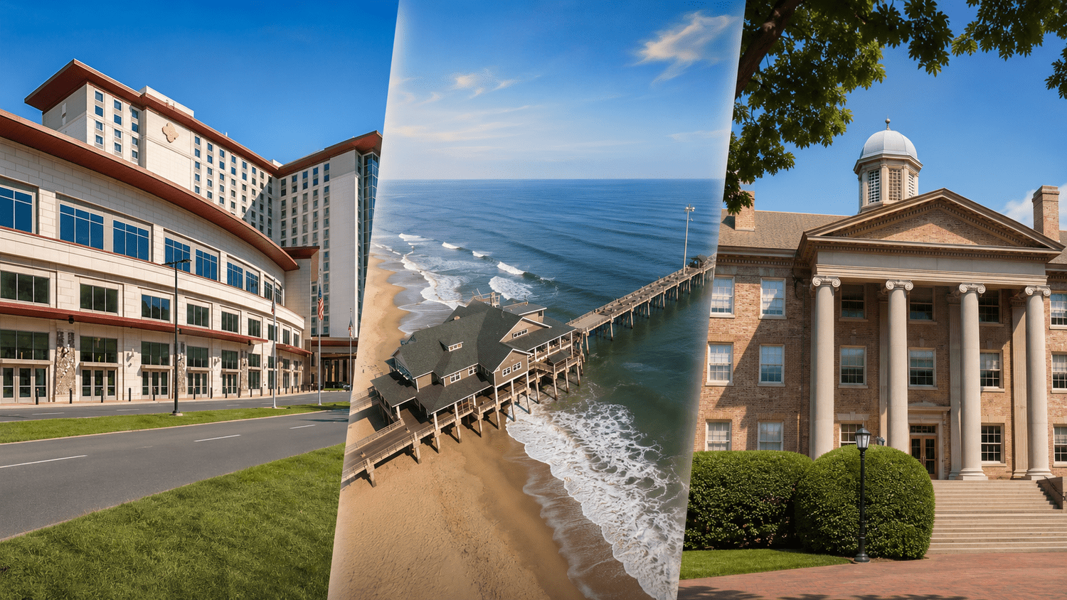 Collage of conference settings: a convention center, an ocean pier and a historic building.