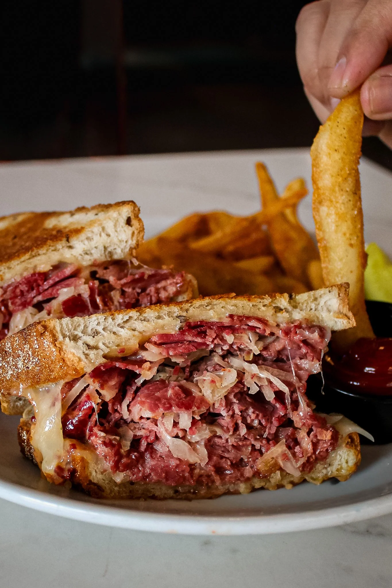 Reuben sandwich with corned beef, sauerkraut and Swiss cheese served at Flannery's Pub in Downtown Cleveland.