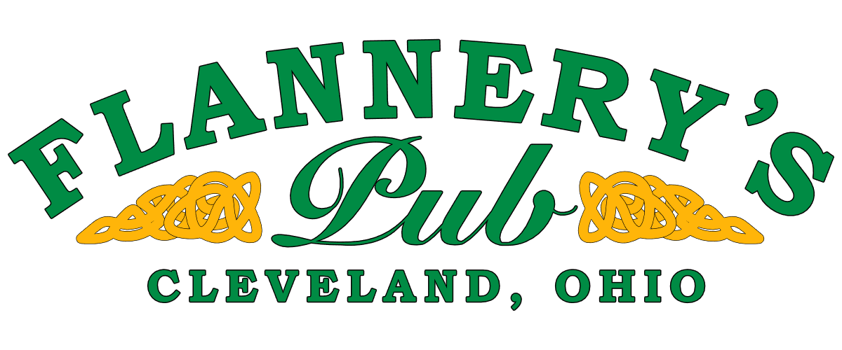 Logo for Flannery's Pub in Cleveland, Ohio, featuring green text and decorative gold flourishes.