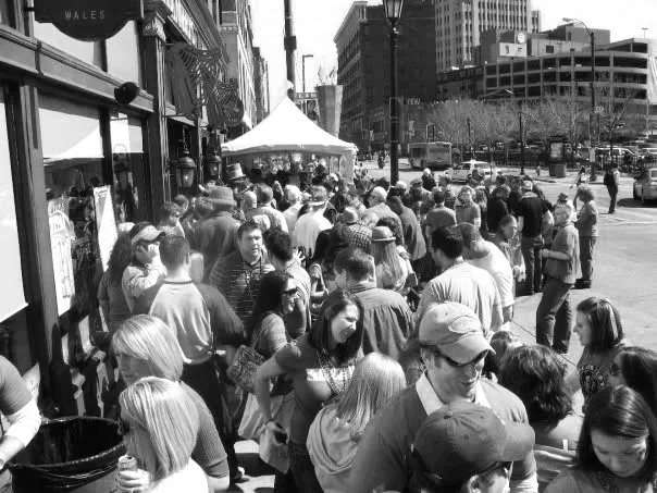 Crowd lined up outside Flannery's Pub on St.Patrick's Day in Downtown Cleveland