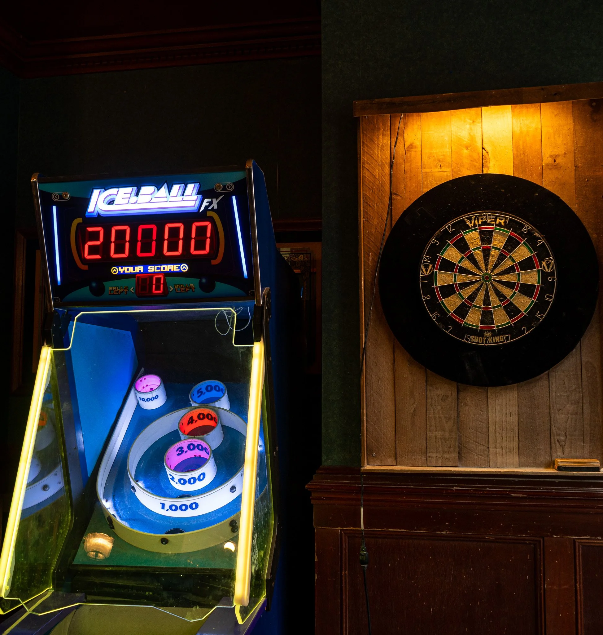 Dart board and skee-ball machine in the private event space at Flannery's Pub in Downtown Cleveland.