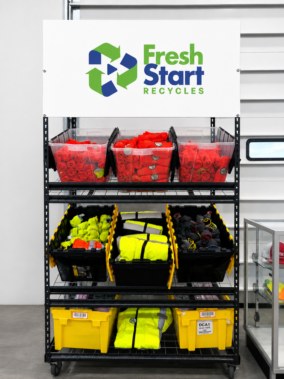 A metal shelving unit with bins of red, yellow, and black safety vests and gloves in a recycling facility. A sign on top reads "Fresh Start Recycles" with a recycling logo.