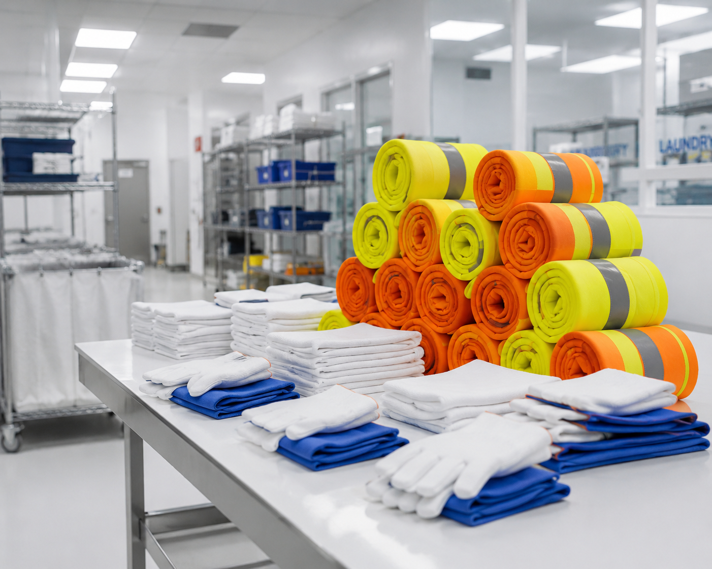 Unorganized supplies on a table in a laundry room, including stacks of white towels, blue gloves, and rolled yellow and orange safety vests with reflective strips, with shelving and laundry bins in the background.