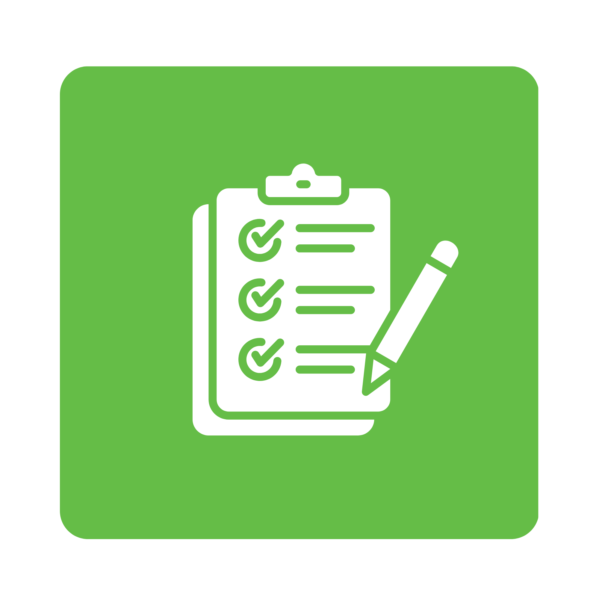 Green background with an icon of a clipboard with check marks and a pencil.