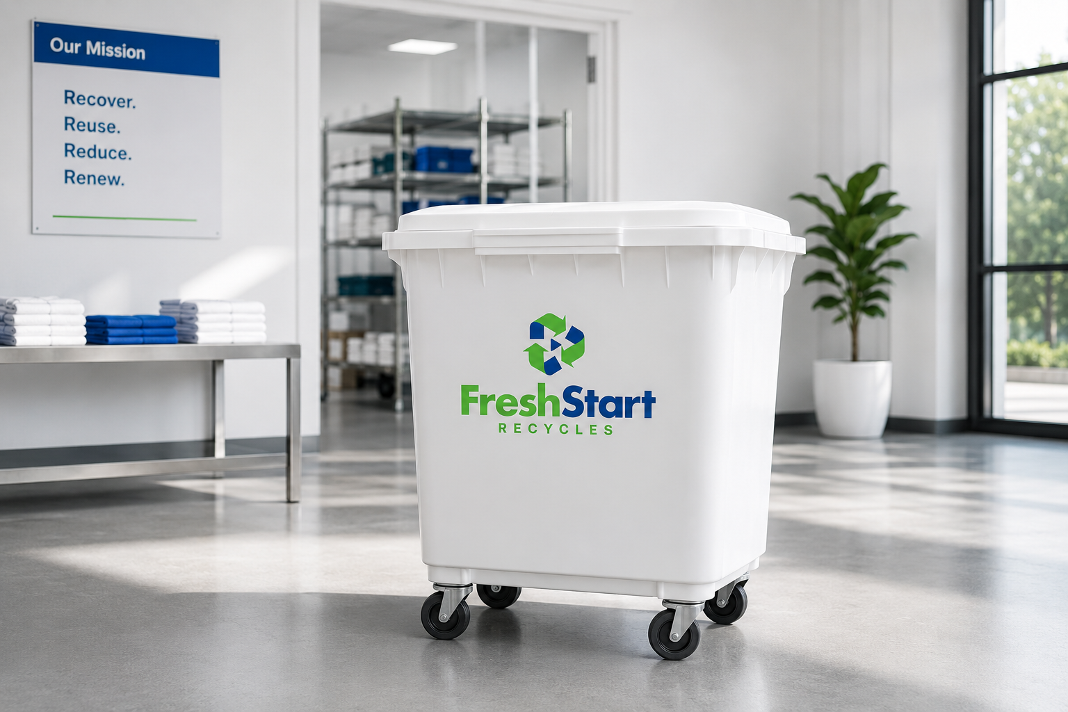 A white recycling bin with the FreshStart Recycles logo, placed in a clean, well-lit office space with a potted plant, a window, and shelves in the background.
