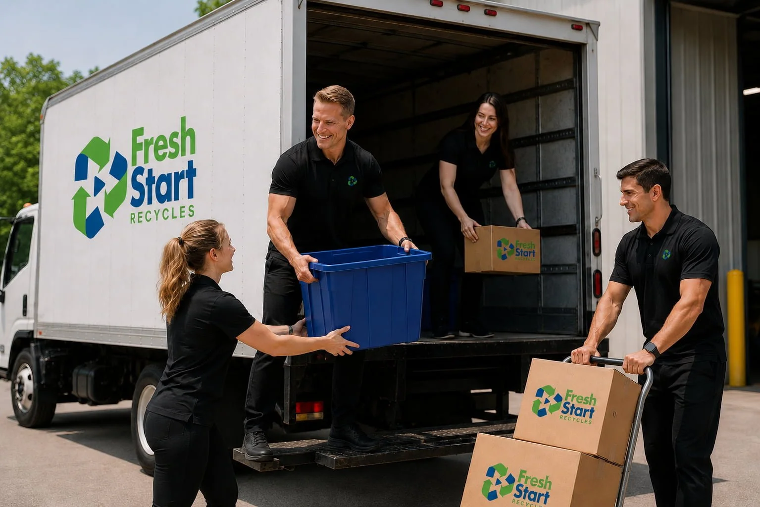 Four employees unloading recycling boxes from a truck with 'Fresh Start Recycles' logo, working together outdoors on a sunny day.