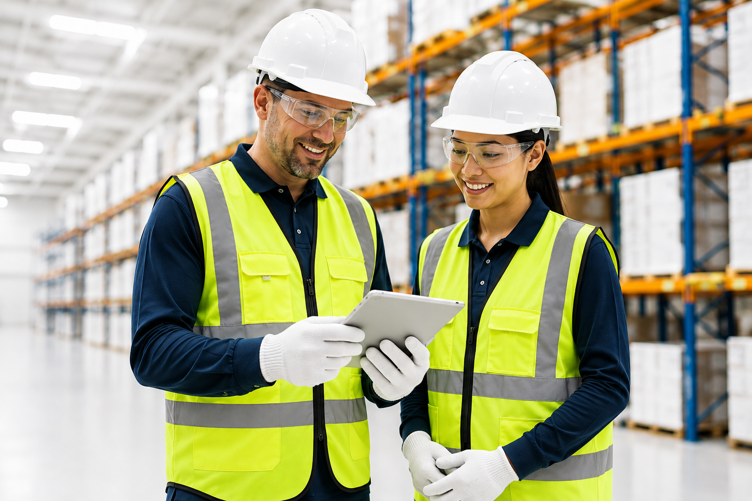Two warehouse workers, a man and a woman, in safety vests and helmets, looking at a tablet together in a storage facility.