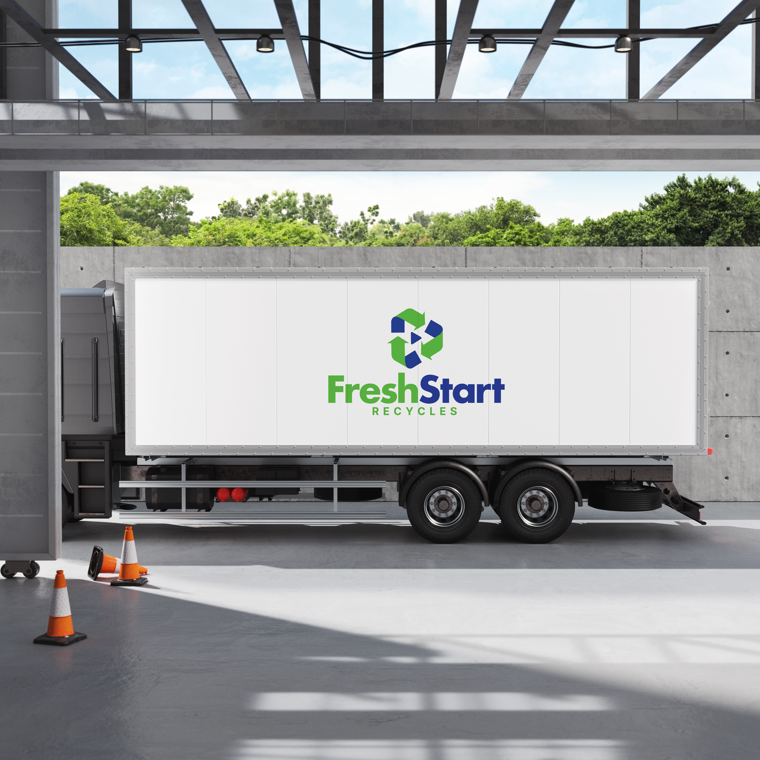 A food truck with a 'Fresh Start Recycles' logo parked inside a concrete structure. Orange traffic cones are on the ground, and a white panel with the recycling symbol is on the side of the truck. Some trees and cloudy sky are visible through the open area above.