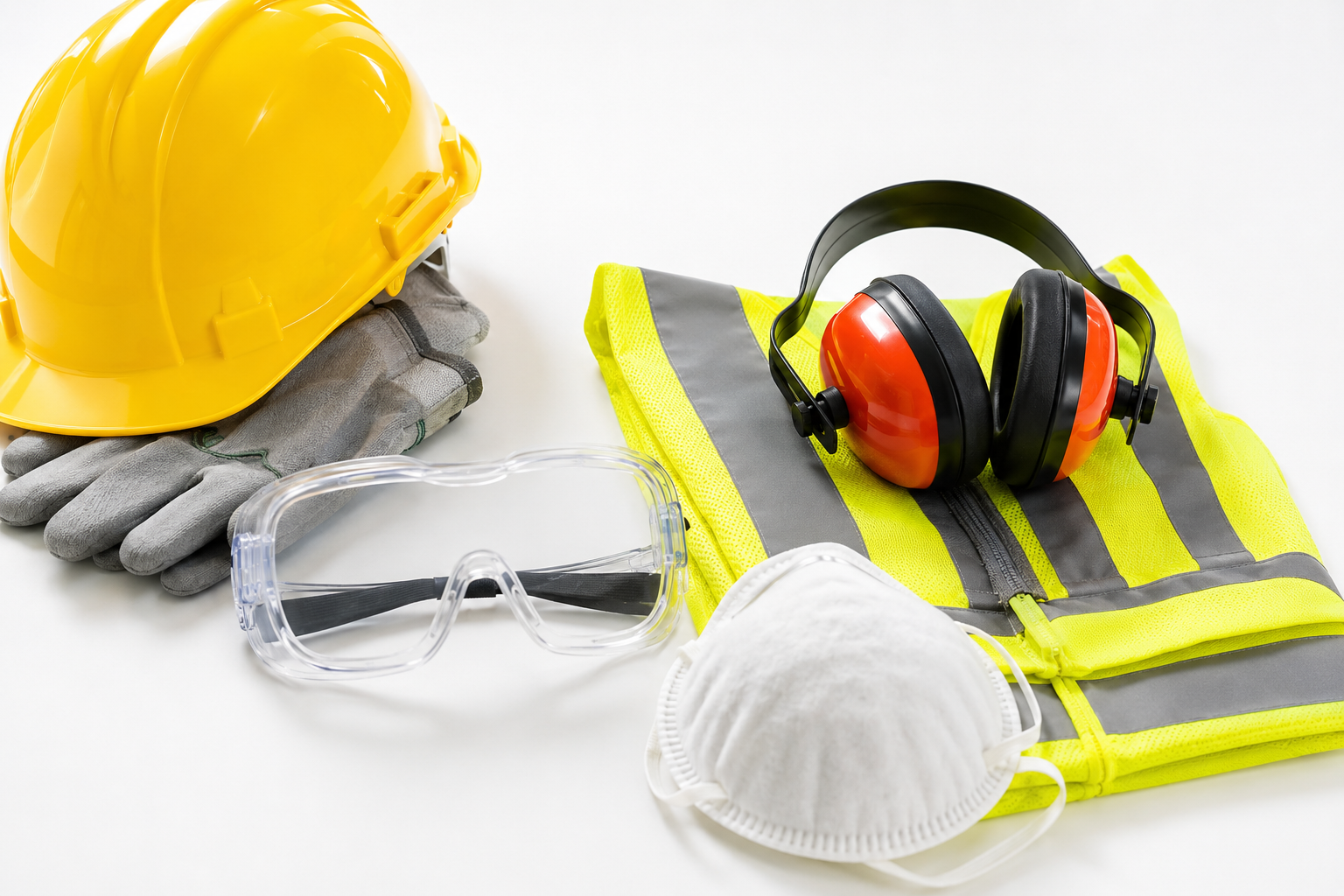 Personal protective equipment including a yellow safety helmet, gray gloves, transparent safety goggles, a white face mask, high-visibility vest, and red ear protection, all arranged on a white background.