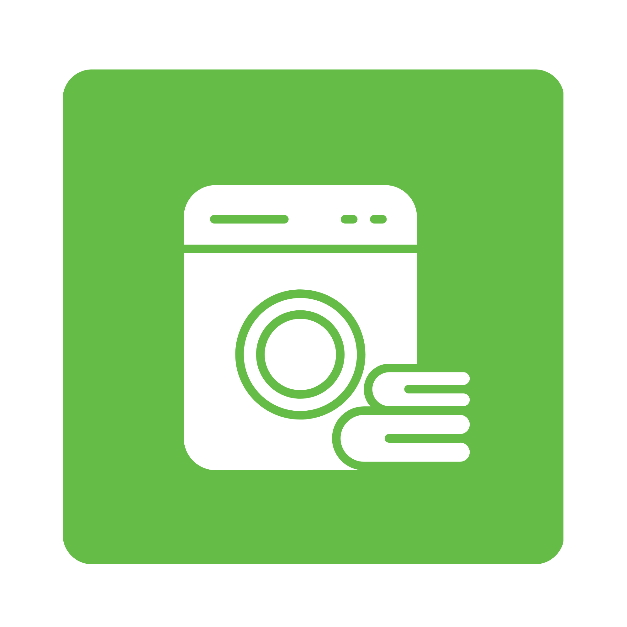 Green background with a white front-loading washing machine illustration.