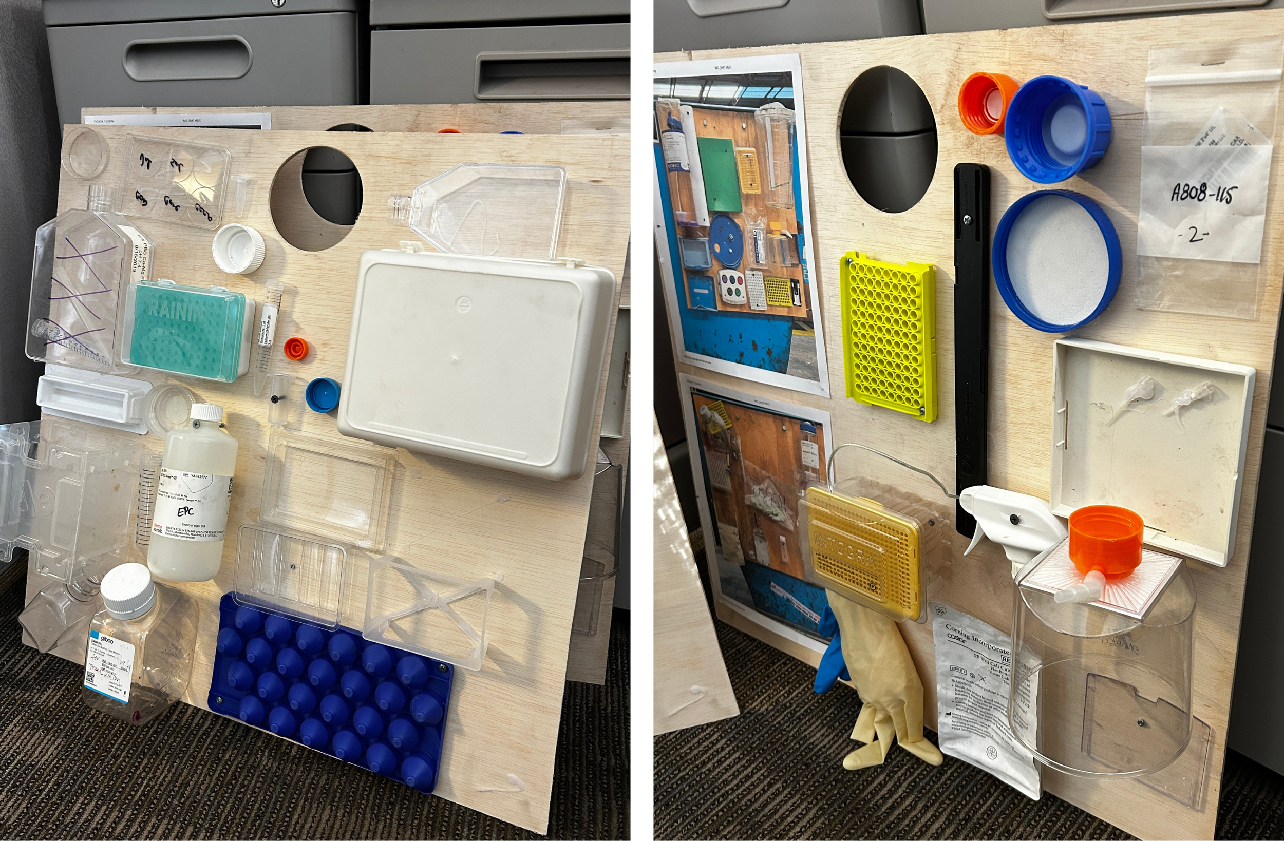 Reference photographs of recyclable and nonrecyclable lab waste items.