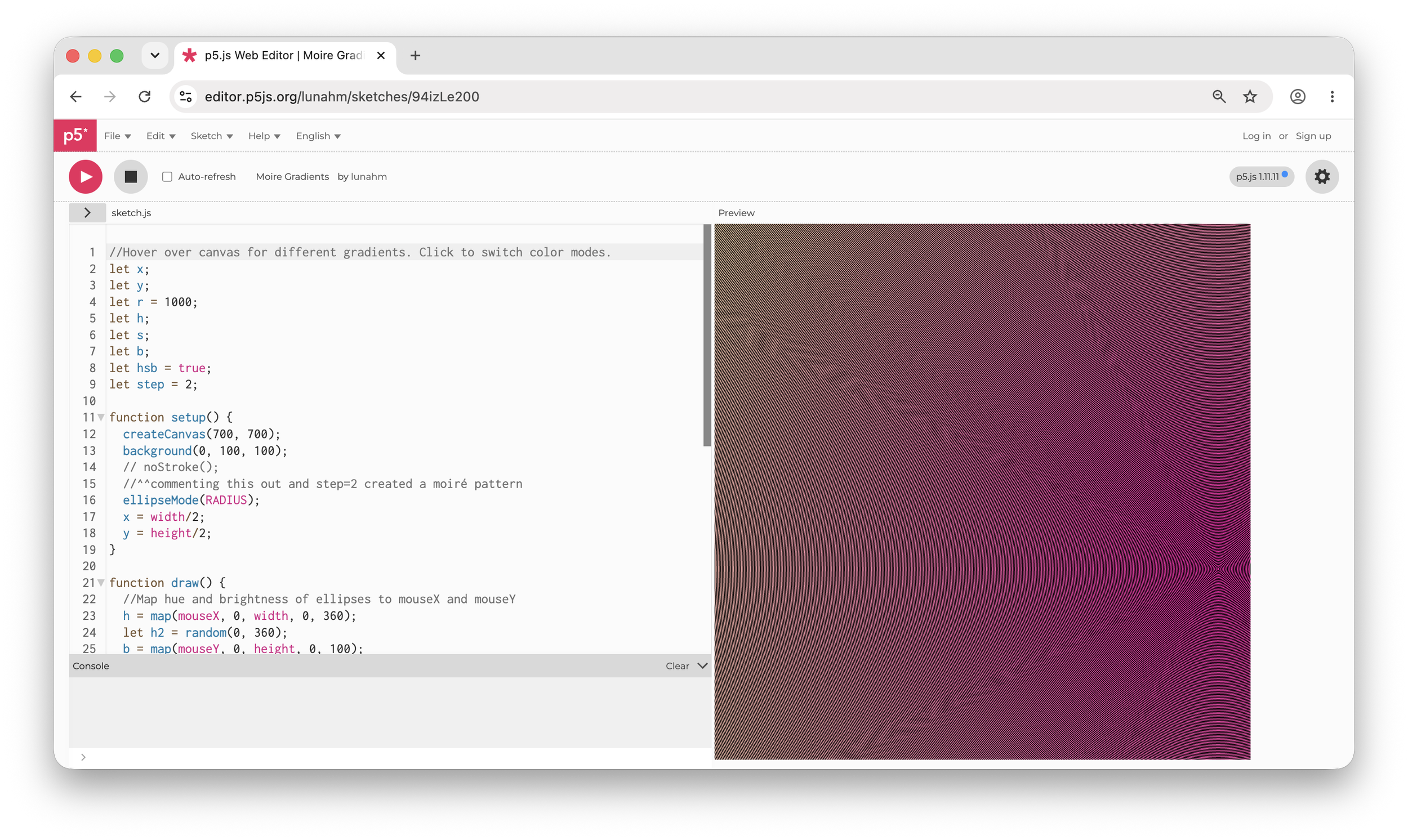 Moiré sketch viewed in the p5.js Editor.
