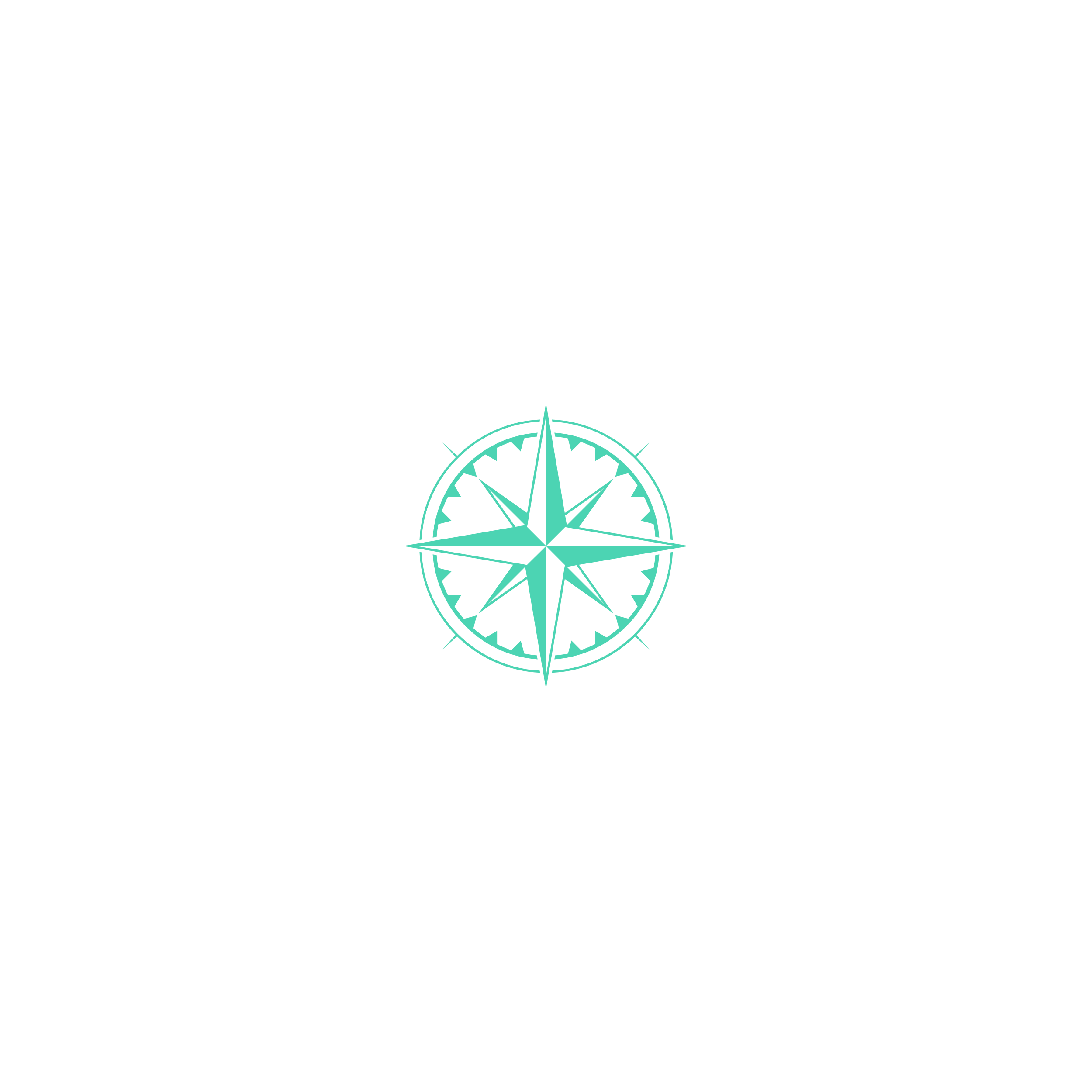A neon blue compass with a star in the center and directional markings, centered on a black background.