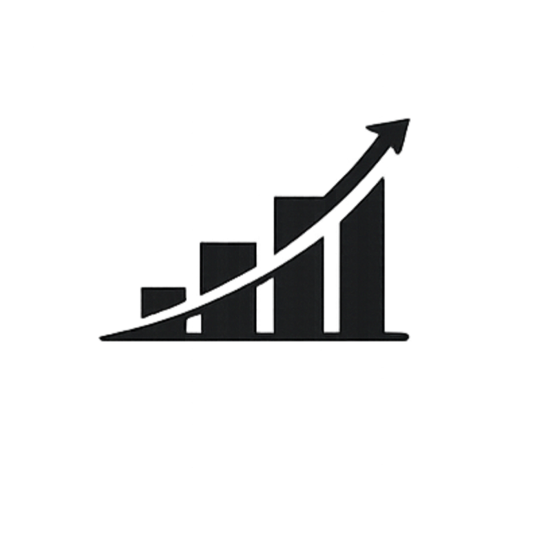 Graphique montrant une croissance ascendante avec des barres noires et une flèche pointant vers le haut.