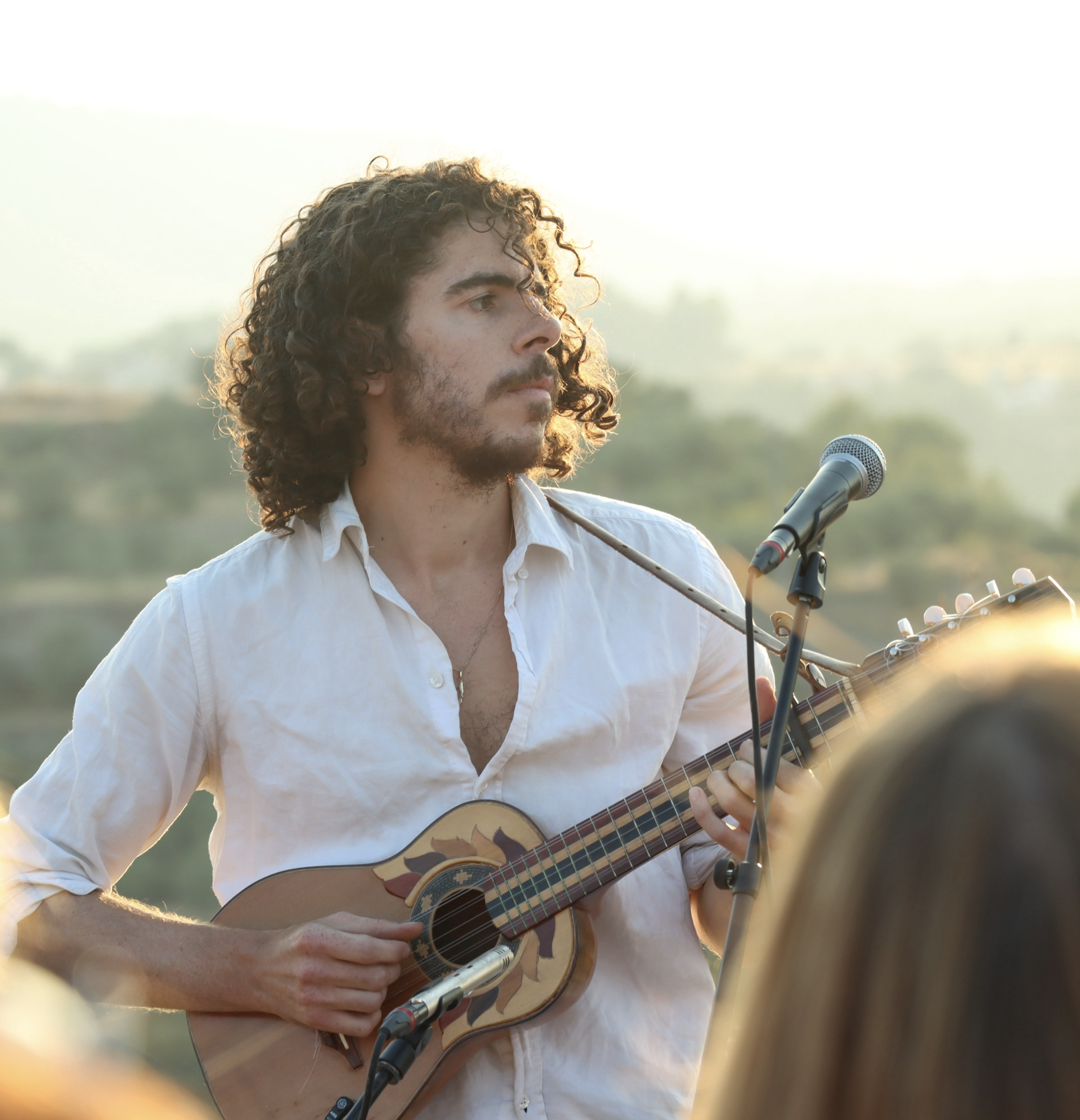 Sean Hauser tocando una guitarra acústica junto a un micrófono durante un concierto en directo.