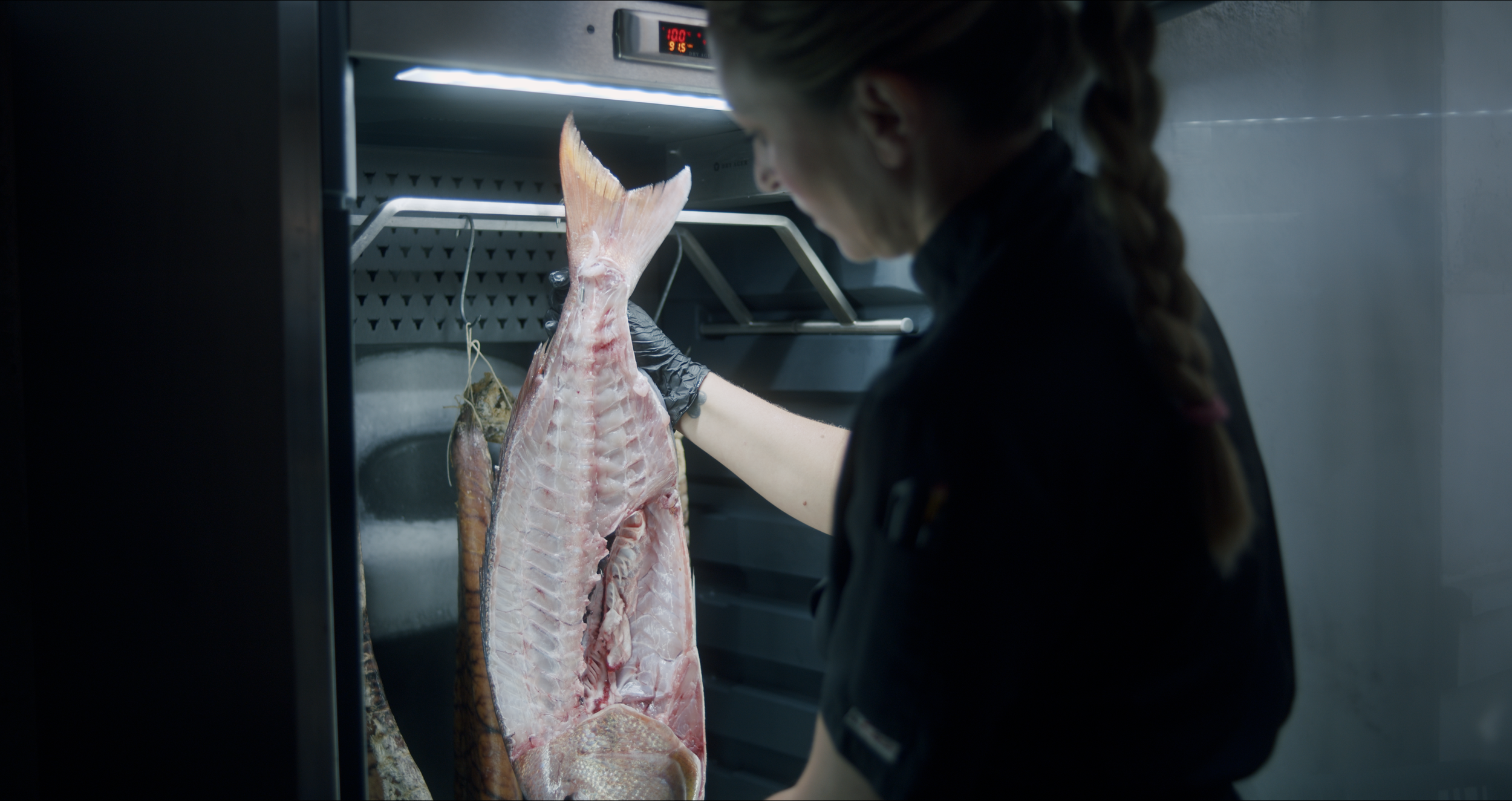 A woman in a black uniform and hair tied in a braid inspecting a large fish stored in a refrigeration unit.