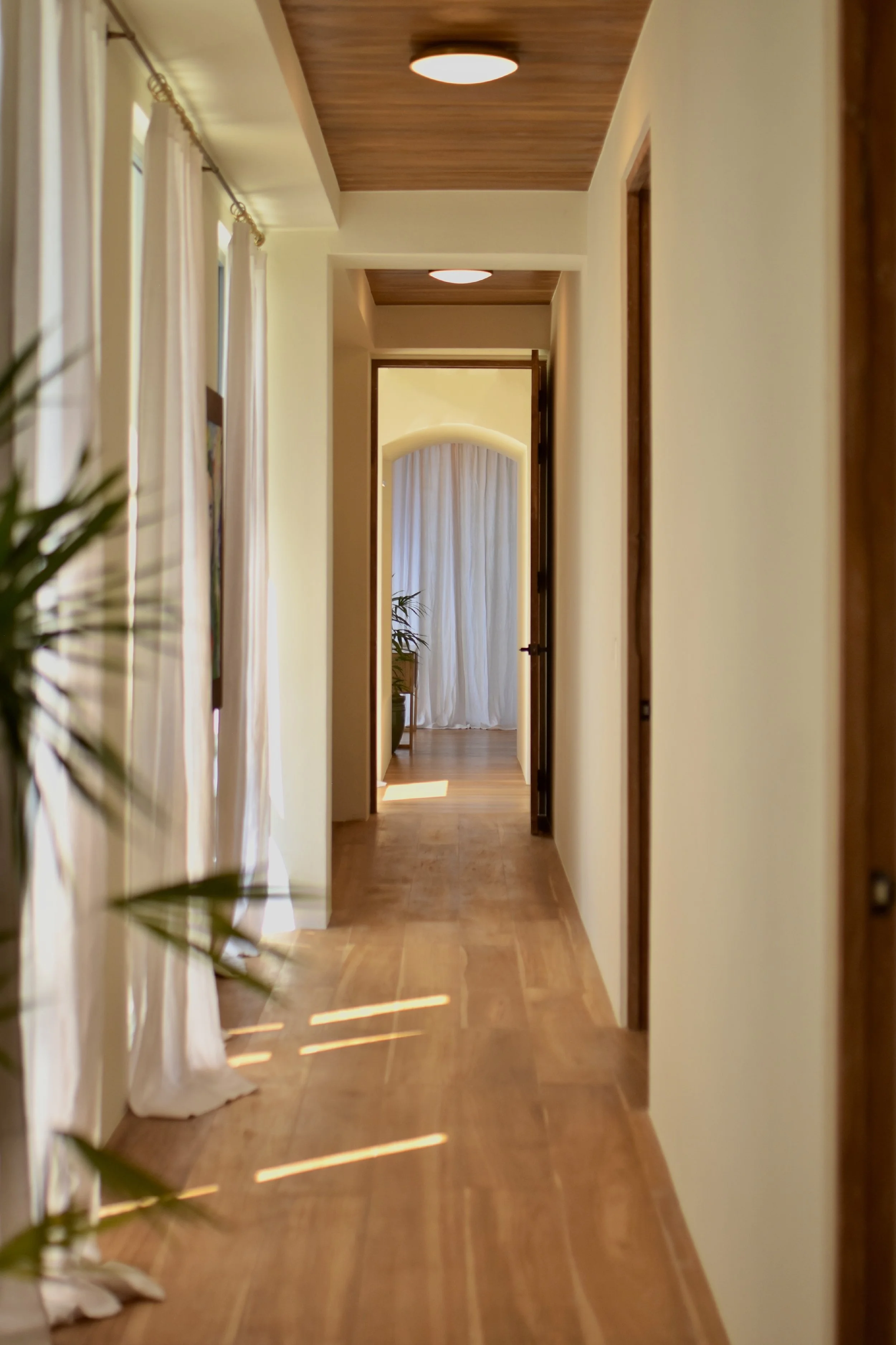 A hallway with wooden floors and a wooden ceiling, sunlight streaming through white curtains, with plants near the window at the far end.