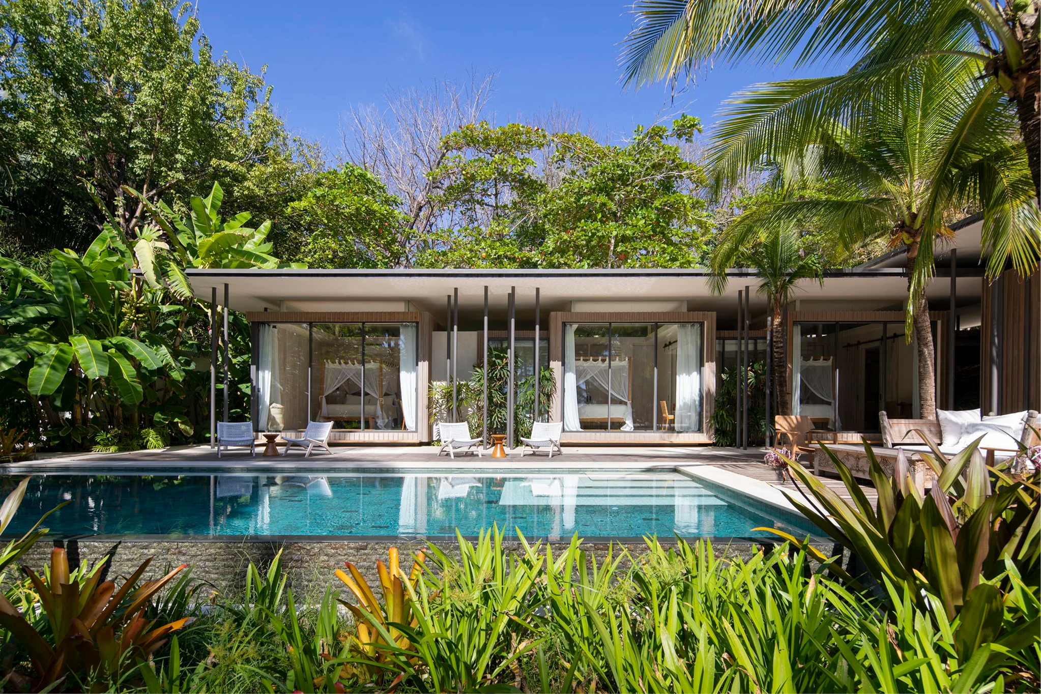 Modern house with large glass windows and sliding doors, surrounded by lush tropical plants and trees, with a swimming pool in front and patio chairs nearby, under a clear blue sky.