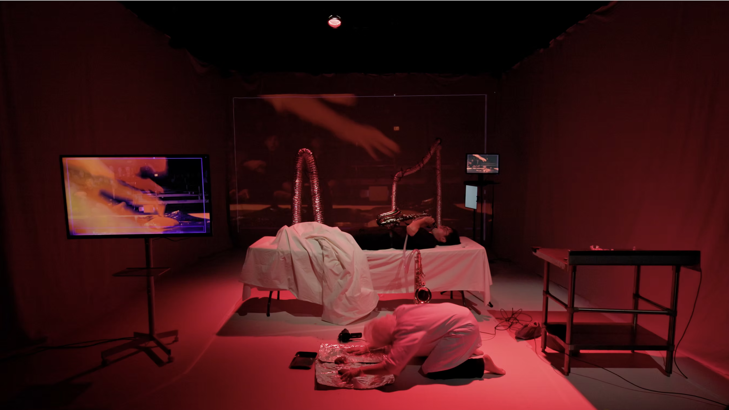 Performing Gala by Jiwon Seo, a new music theatre work for saxophone, actor, video and live electronics, at the DramaEtMusica Mini Festival 2026, Chain Theatre NYC. Photos: Freddie Zhu.