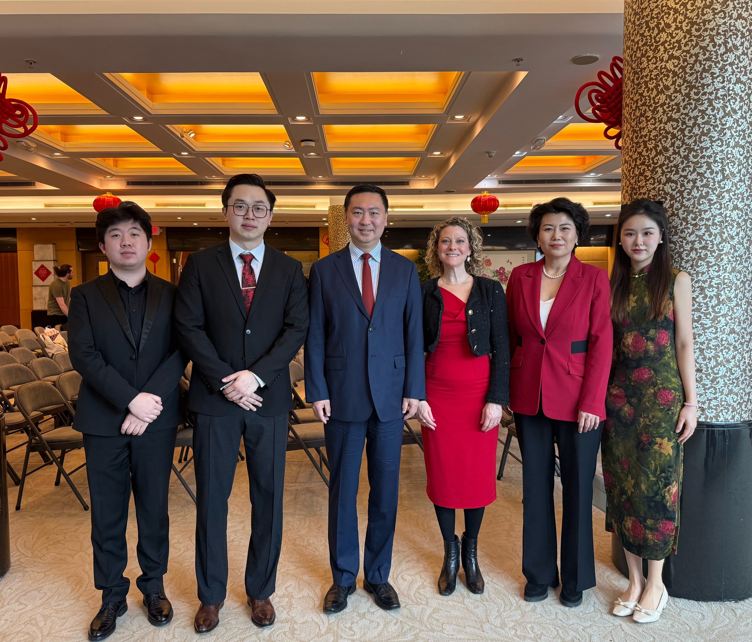 Following a performance at the Consulate General of the People’s Republic of China in New York, alongside Consul General Li Chen (center), Manhattan School of Music Provost Joyce Griggs (third from right), and Cultural Counselor Jiyuan Shang (second 