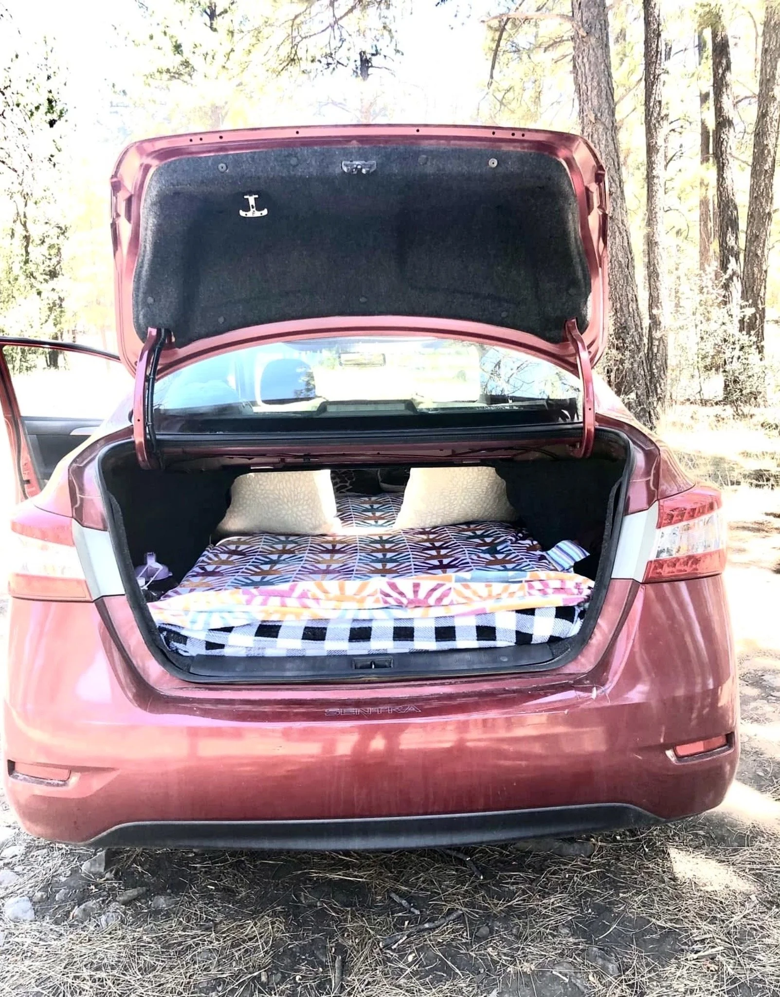 The rear of a red SUV with the trunk open, showing a checkered blanket inside and a patterned blanket on top. The vehicle is parked on a dirt or grassy area surrounded by trees.
