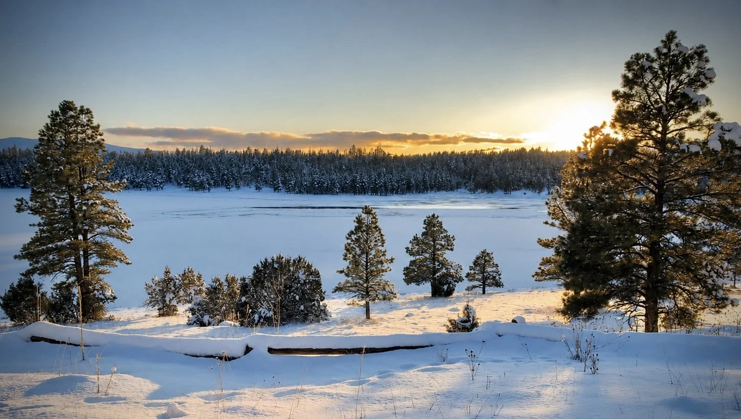 Snow-covered landscape with tall pine trees, a frozen lake in the middle, and the sun setting or rising behind a forest of pine trees in the background.