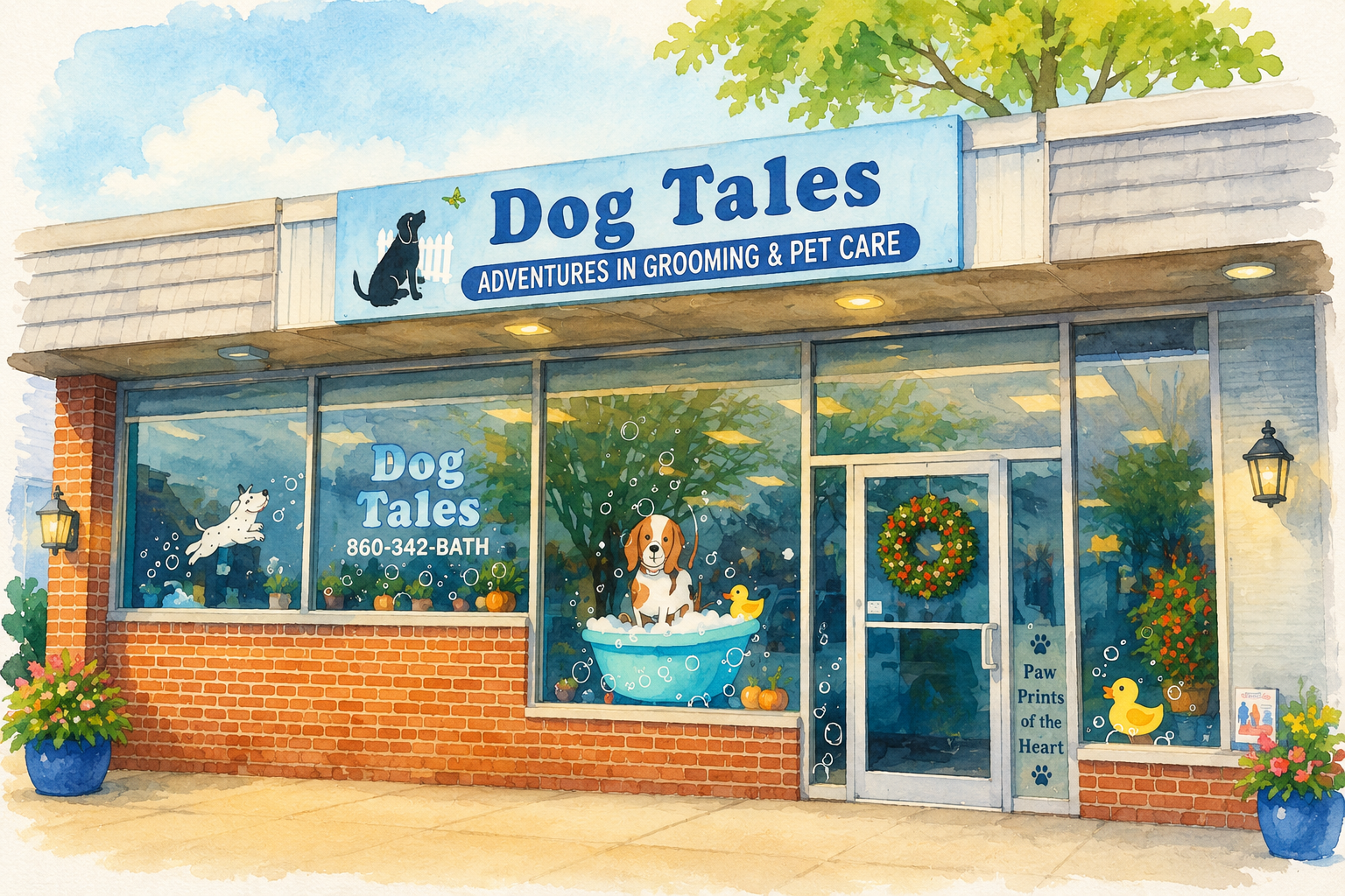 Colorful watercolor illustration of a pet store named 'Dog Tales' with a large sign, featuring a black dog silhouette, reading 'ADVENTURES IN GROOMING & PET CARE.' The storefront has large windows displaying a jumping dog, a puppy in a bathtub, pumpkin decorations, and a rubber duck. The entrance has a door with a wreath and a blue sign that reads 'Paw Prints of the Heart,' flanked by potted plants and lantern-style street lights.