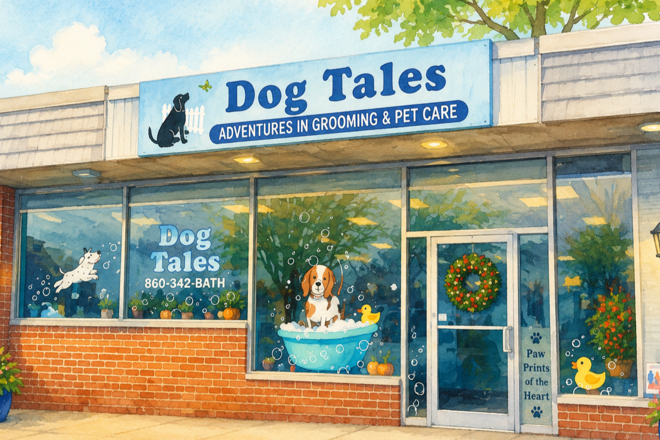 Painting of a storefront for Dog Tales, an adventure grooming and pet care business. The window displays dogs playing in bubbles, a dog in a bath with a rubber duck, pumpkins, and plants. The door has a wreath and a sign that reads 'Paw Prints of the Heart.' The storefront has a brick lower section and a large sign above with a dog silhouette, a butterfly, and the business name.