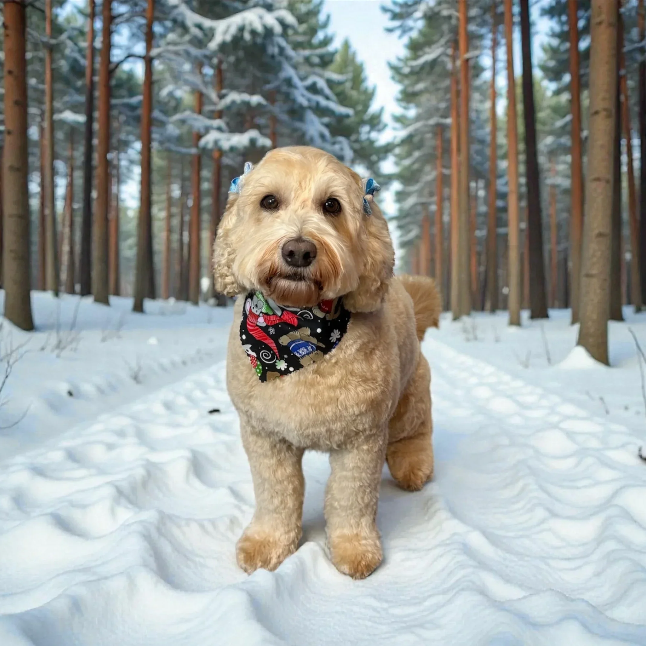 A cute dog with curly tan fur and dark eyes sitting outdoors in the snow, surrounded by snow-covered trees, wearing a black bandana with Christmas-themed patterns and blue bows on its ears.