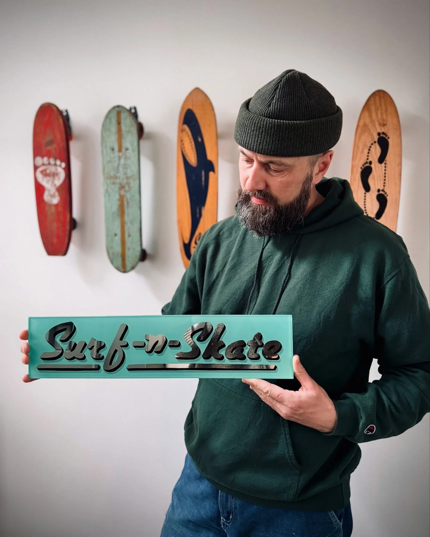 Surf &lsquo;n Skate.

Two of my favourite things, well three if you include sign painting, and four if you include a Norse Projects beanie.

One final look at my latest sign&mdash;a self initiated reverse gilded (23ct White Gold) glass panel before I