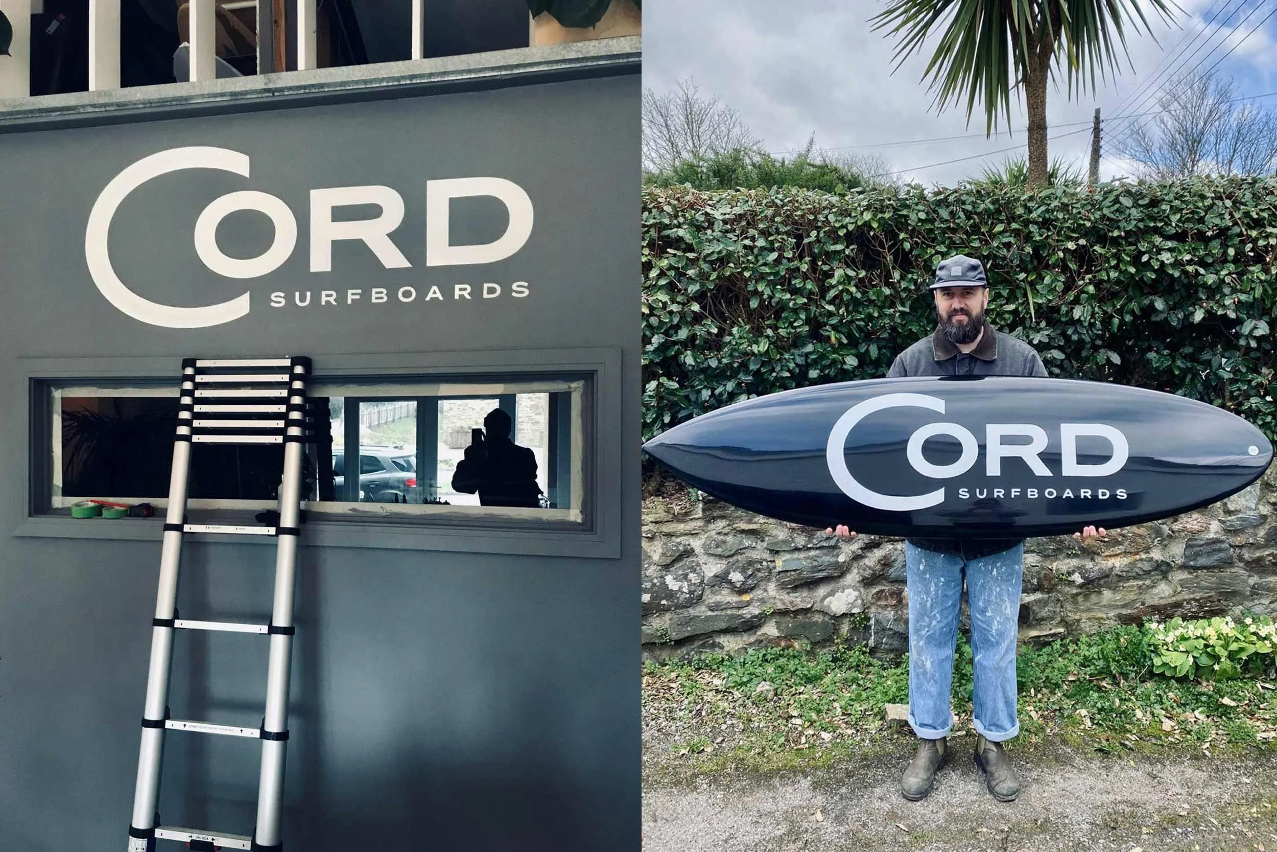 Traditional hand-painted surfboard identity and matching storefront signage for Cord Surfboards in St Agnes, Cornwall.