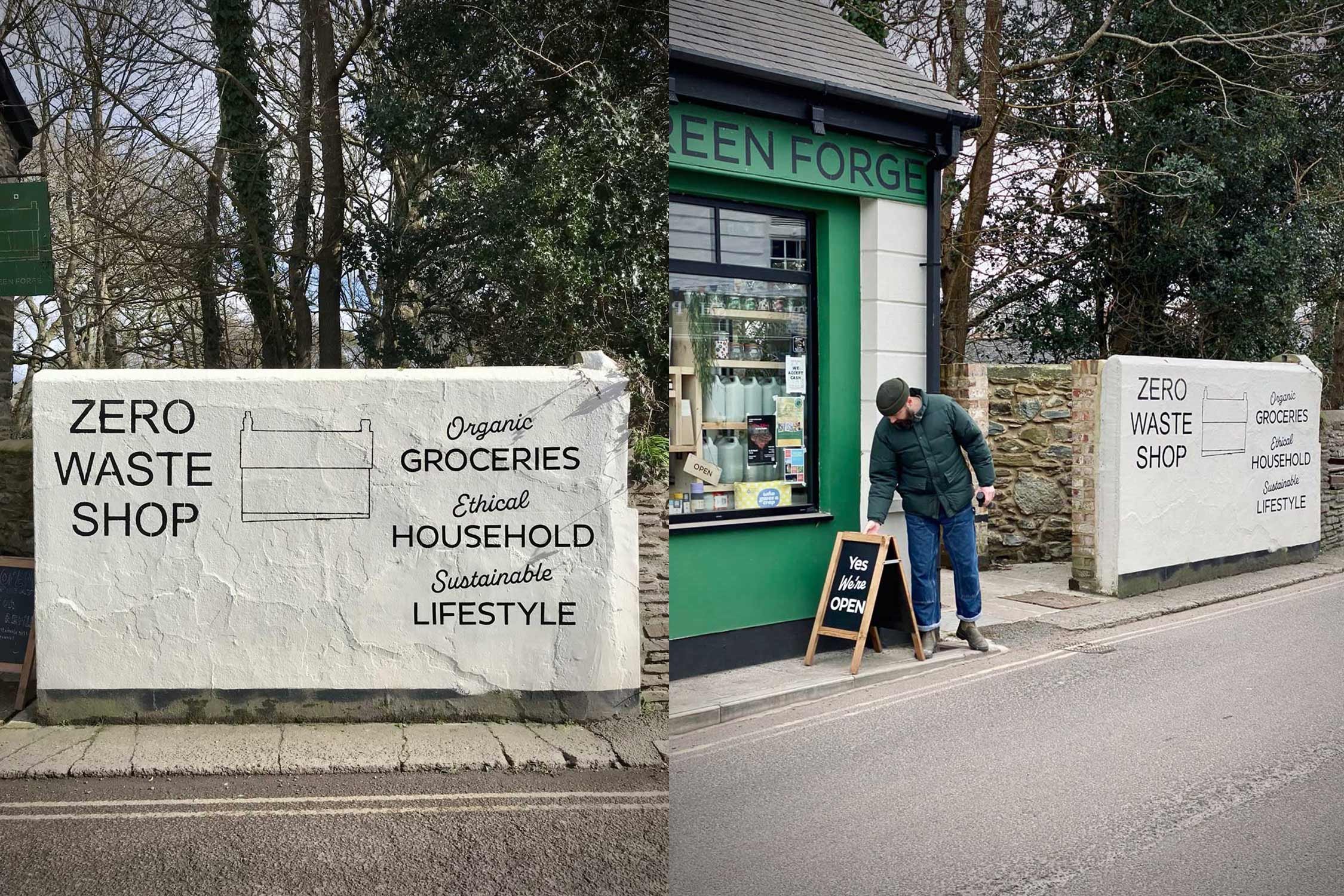 Traditional hand-painted storefront signage and green shopfront entrance for The Green Forge in St Agnes, Cornwall.
