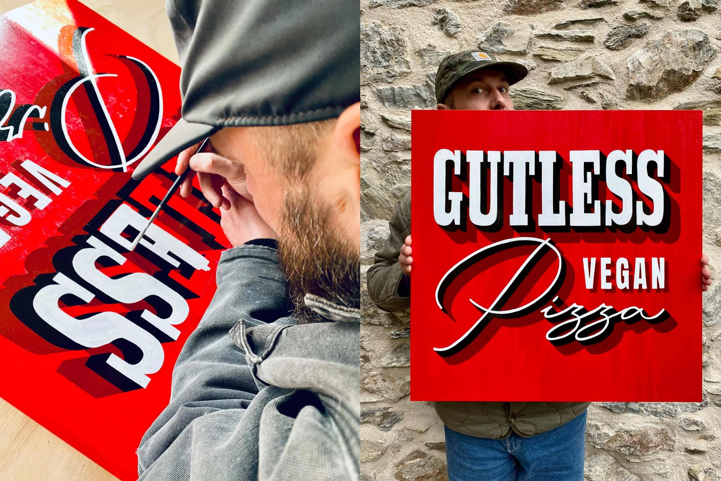 Hand-painted wooden sign with traditional bold lettering for GUTLESS Vegan Pizza against a stone wall in Cornwall.