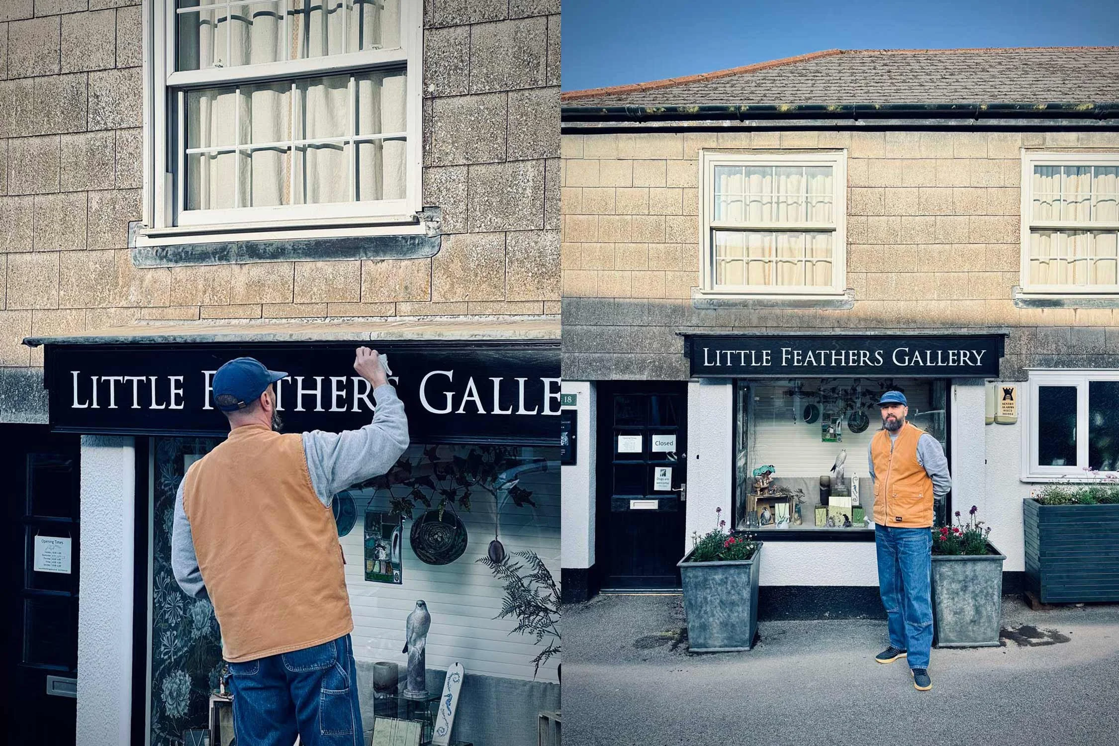 Hand-painted gallery typography and traditional exterior signage for Little Feathers Gallery in St Agnes, Cornwall.