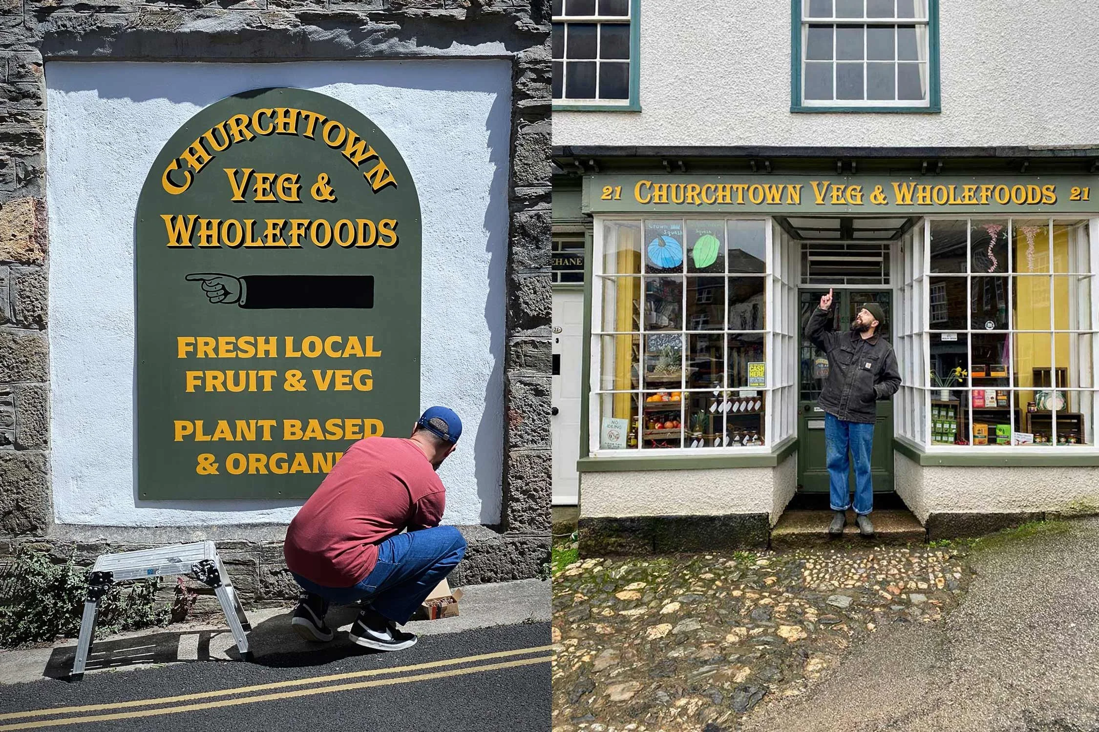 Hand-painted storefront signage and traditional exterior lettering refresh for Churchtown Veg & Wholefoods in St Agnes, Cornwall.