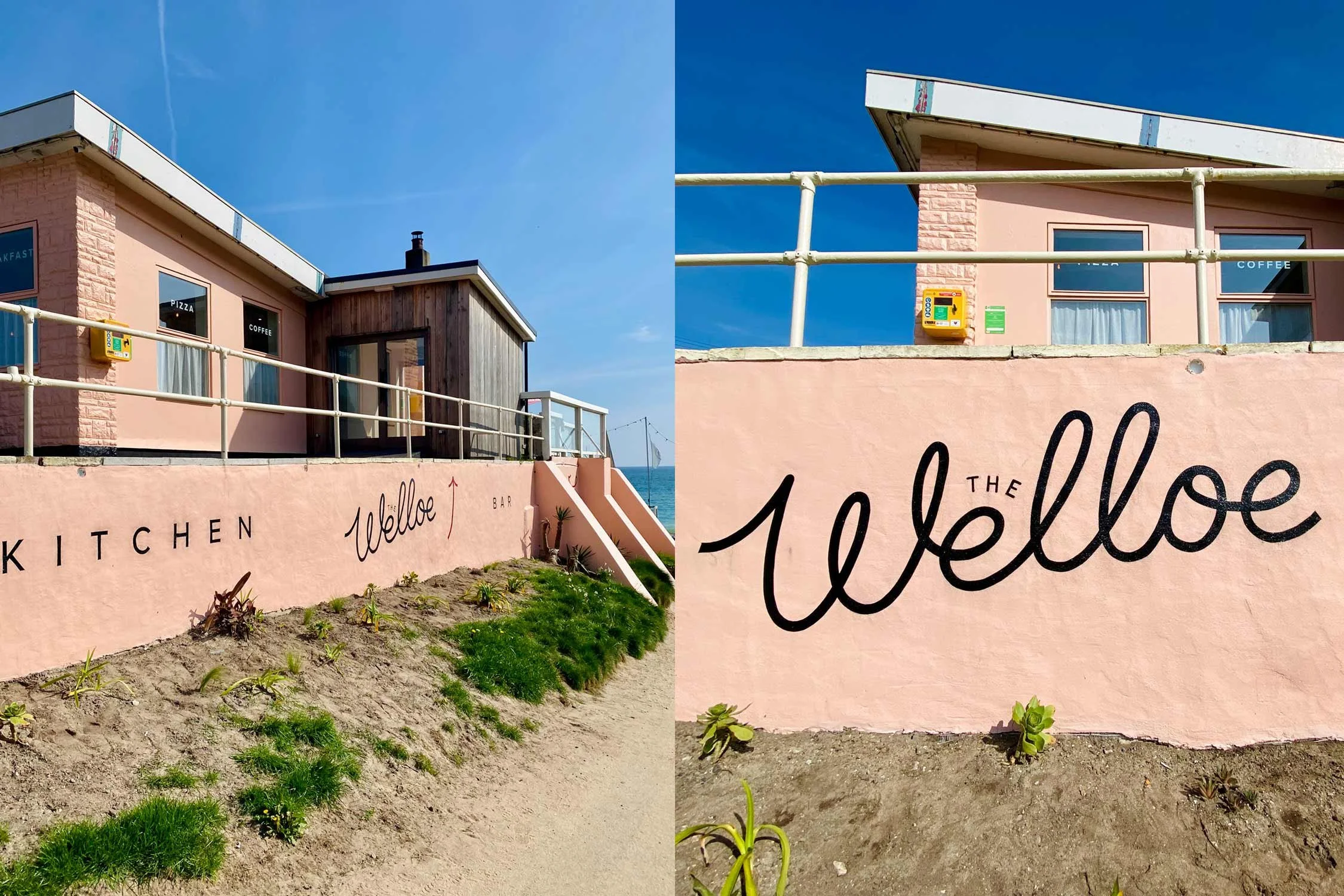 Traditional hand-painted welcome signage and exterior lettering refresh on a pink building facade for The Welloe at Praa Sands, Cornwall.