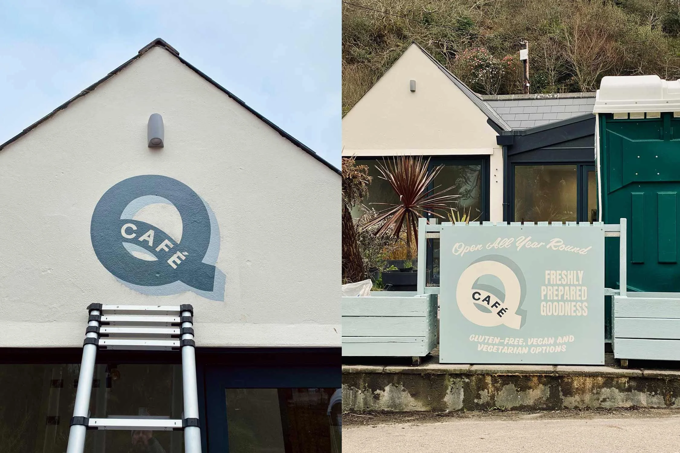 Traditional hand-painted storefront signage and architectural facade refresh for Q Café in St Agnes, Cornwall.