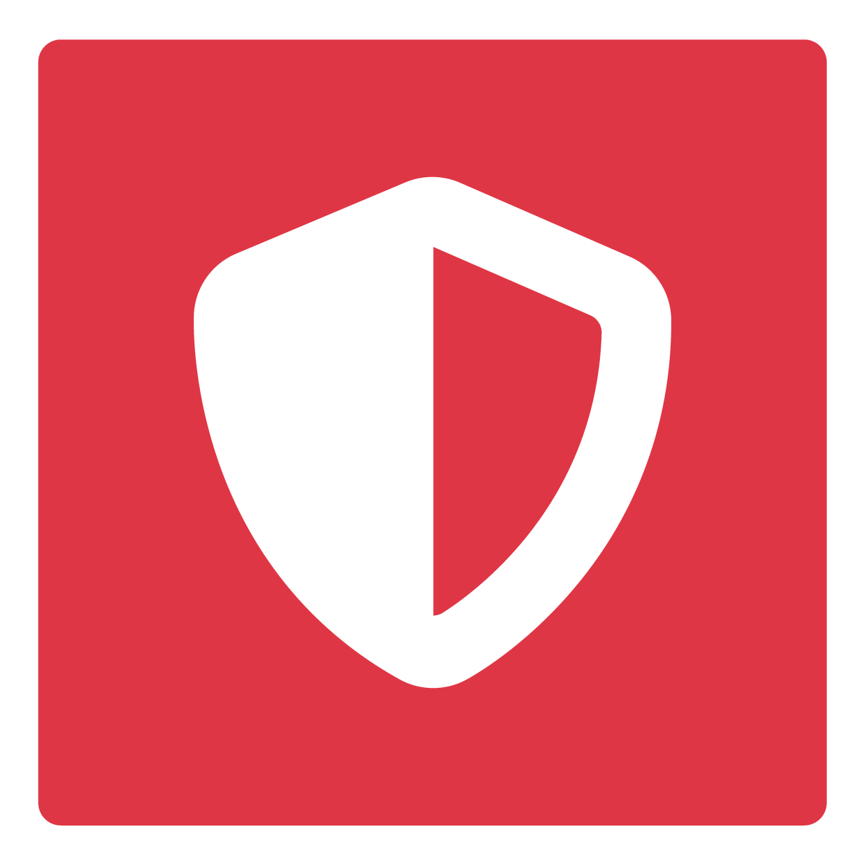 Red safety signal with a white shield icon divided vertically in half, representing security or protection.