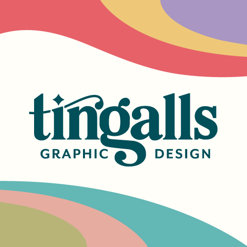 Logo for Tingalls Graphic Design with colorful abstract shapes in the background.