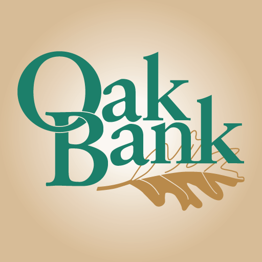 Logo for Oak Bank featuring stylized text in dark green over a beige background with an oak leaf illustration.