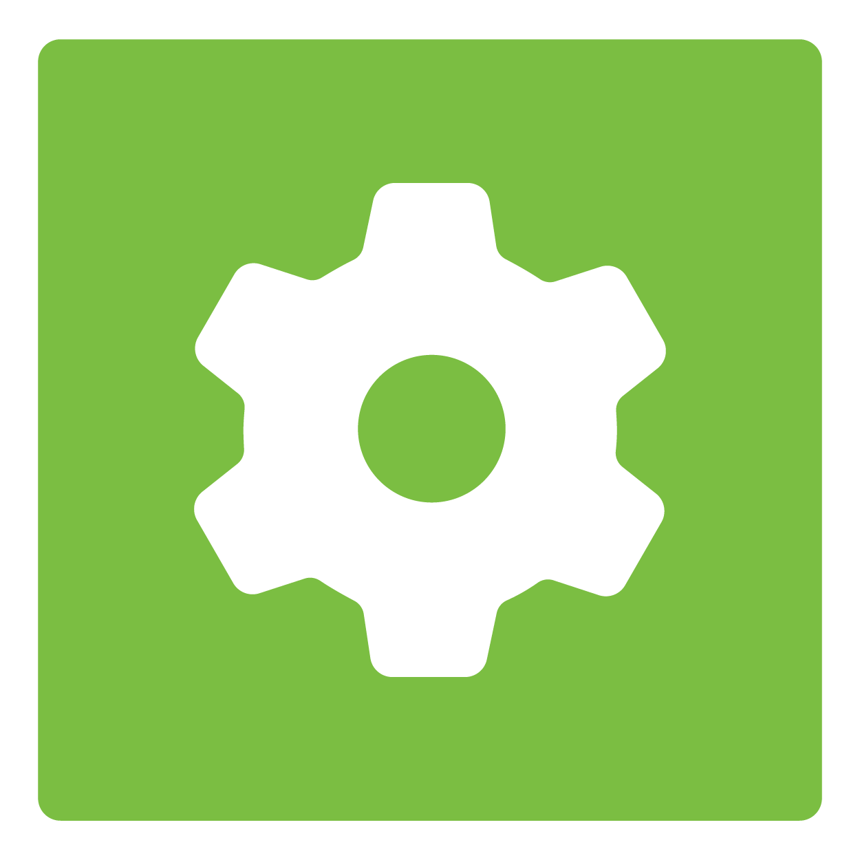 Green background with white gear icon in the center.