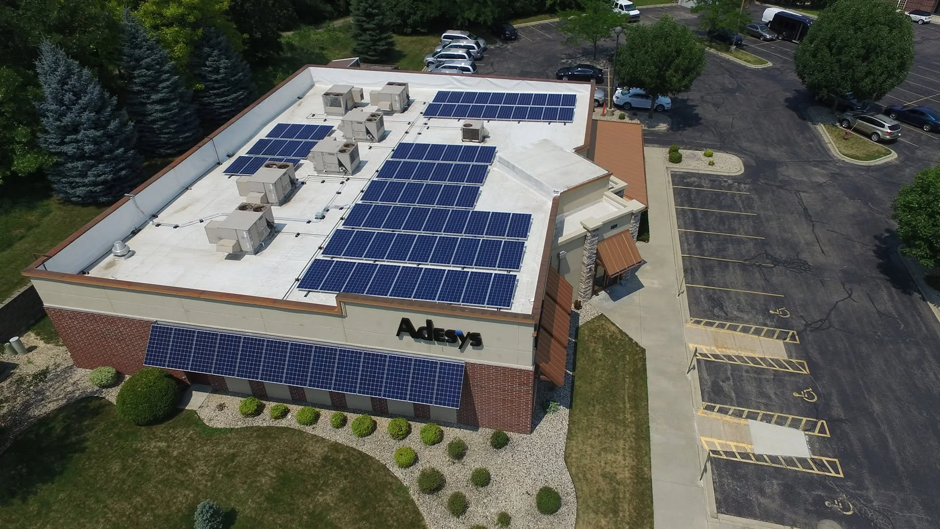 An aerial view of Adesys in Fitchburg Wisconsin showing solar panels