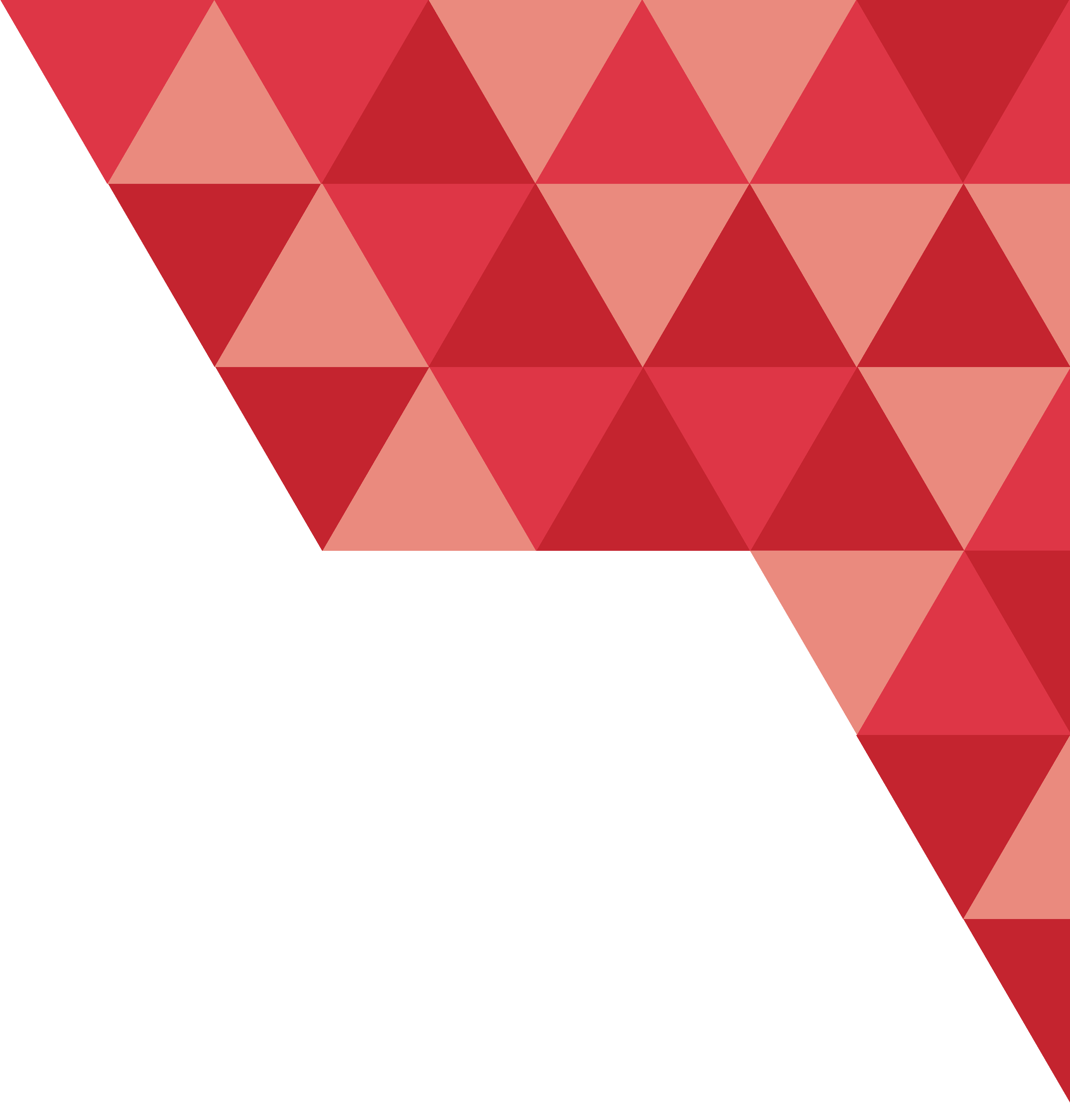 Close-up of a geometric pattern with red and pink triangles forming a larger triangular pattern on a red background.