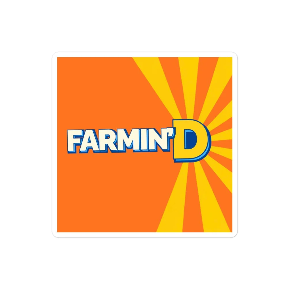 Bright orange and yellow sunburst background with the text 'FARMIN D' in bold blue and white lettering.