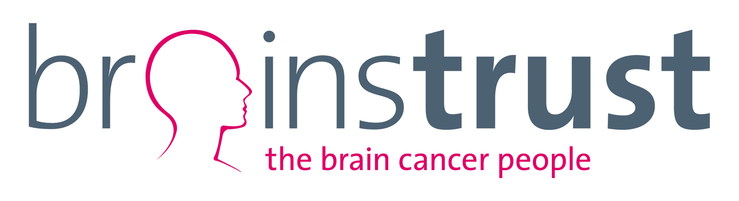 Graphic logo with the word 'braintrust' and a silhouette of a head in profile outline, with the tagline 'the brain cancer people' beneath.