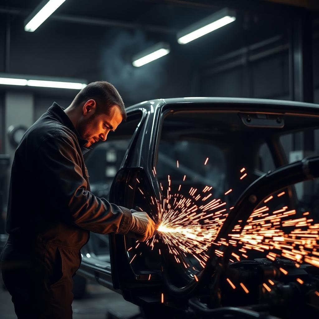 A man working with a welding tool on a vehicle in a garage, producing sparks.