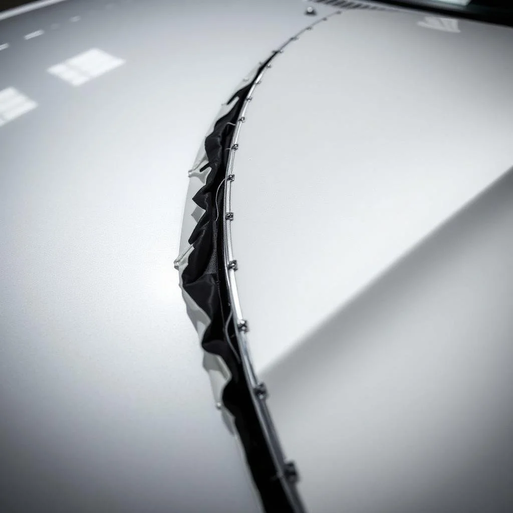 Close-up of a car's hood showcasing a central seam with decorative metal and black fabric trim.