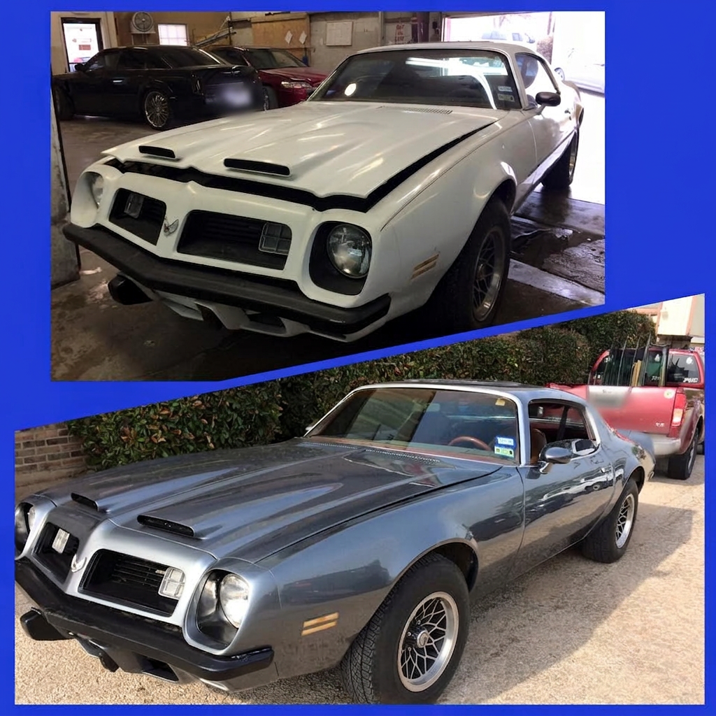 Before and After
Pontiac Firebird Respray
Primer to a deep metallic blue — full color change, factory-quality finish.